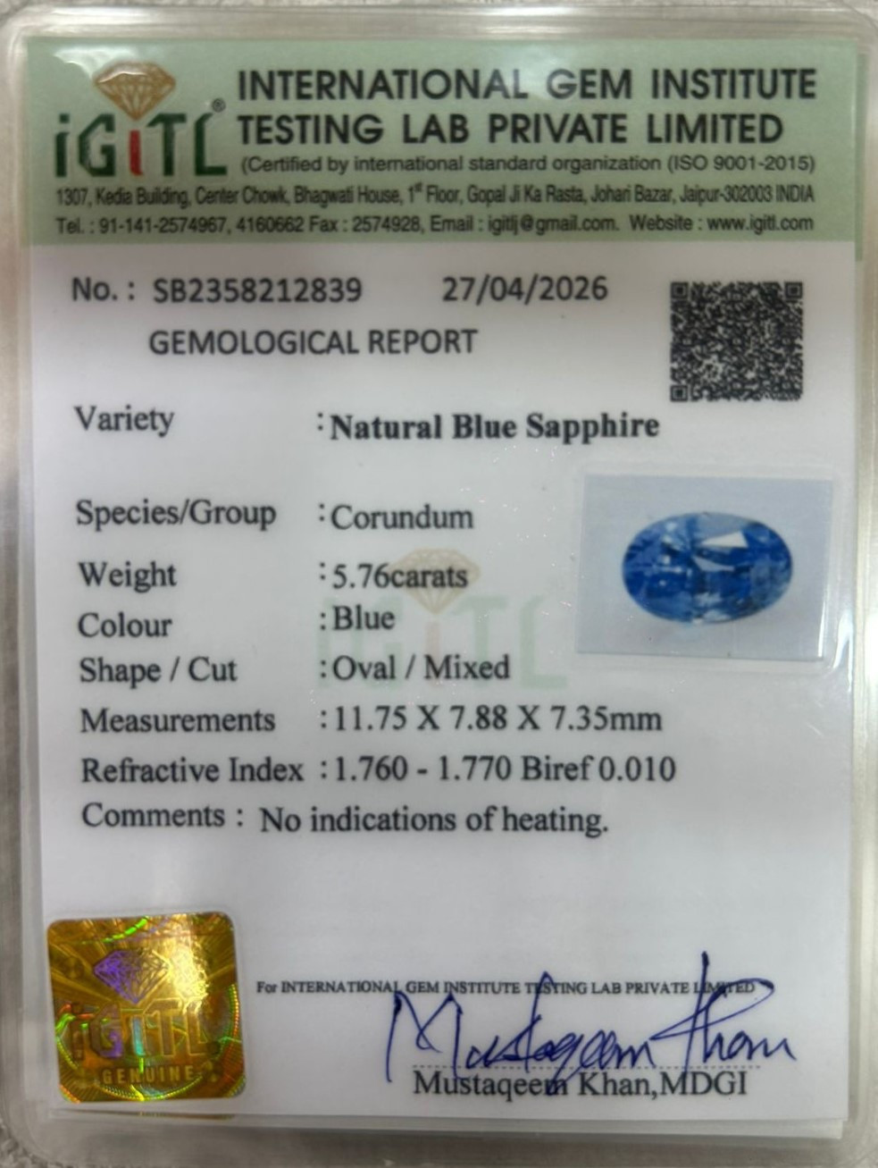 Blue Sapphire (Neelam) - 5.76 Carat
