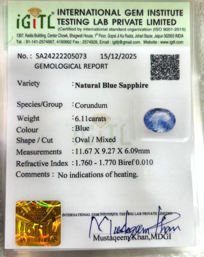 Blue Sapphire (Neelam) - 6.11 Carat
