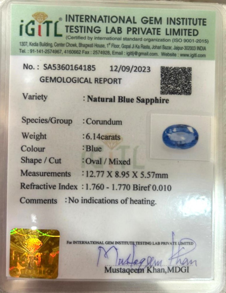 Blue Sapphire (Neelam) - 6.14 Carat