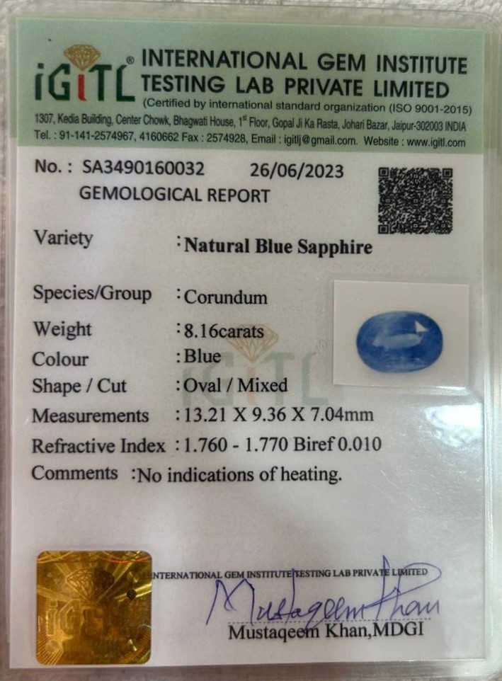 Blue Sapphire (Neelam) - 8.16 Carat