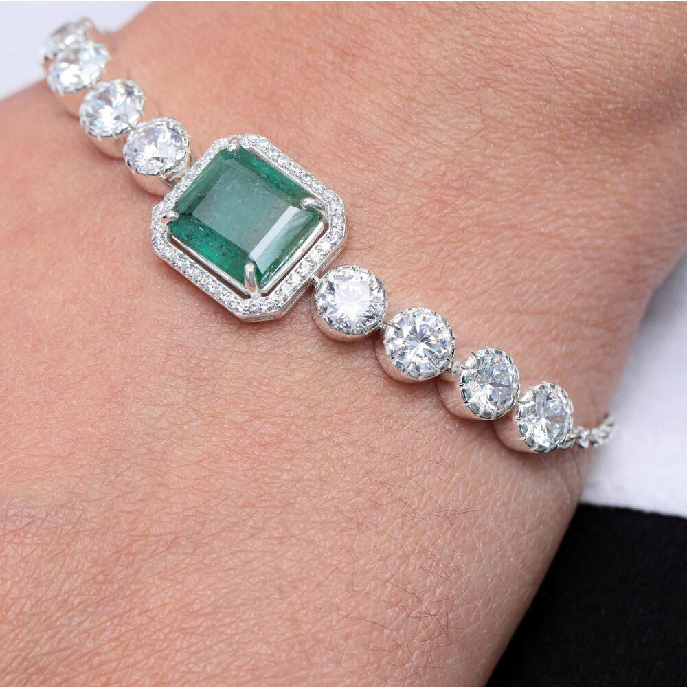 Emerald Diamond Halo White Gold Bracelet