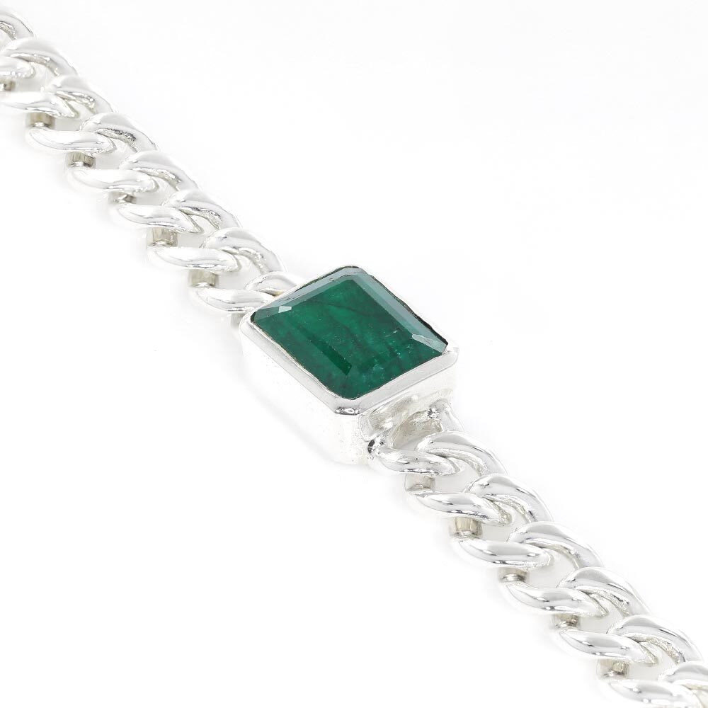 Emerald Bezel Set White Gold Chain Bracelet