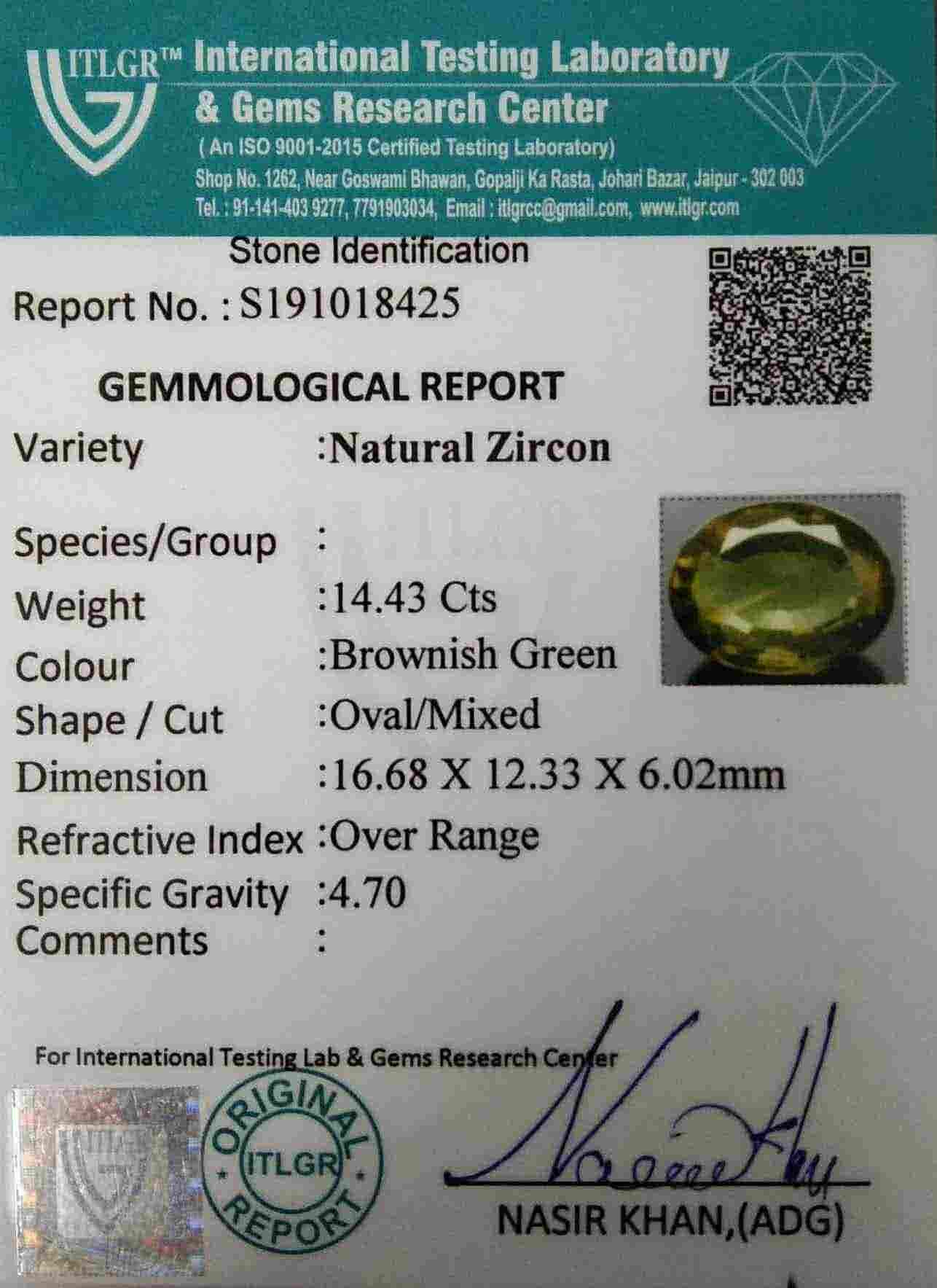 Brownish Green Zircon - 14.43 Carat