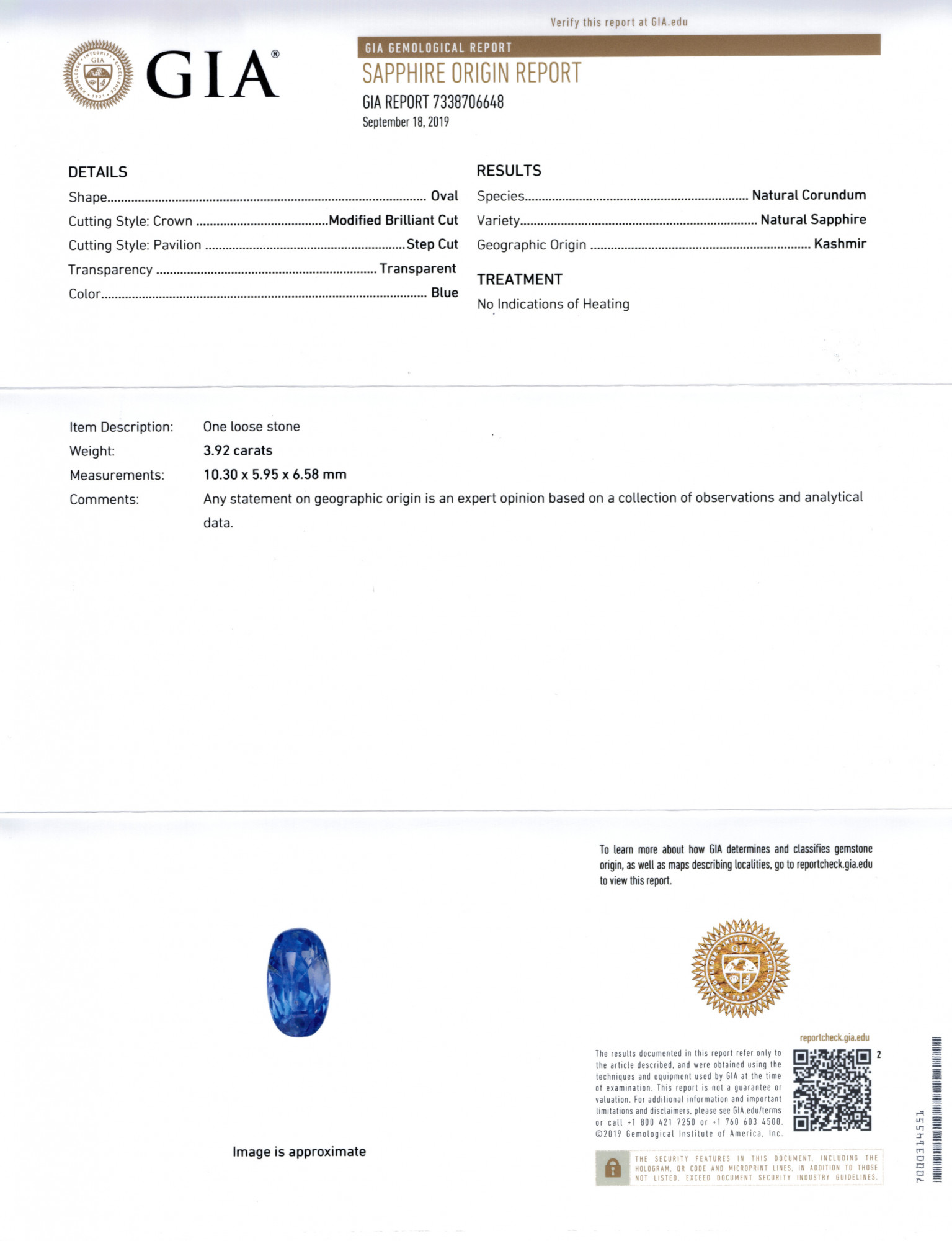 Kashmir Blue Sapphire - 3.92 Carat