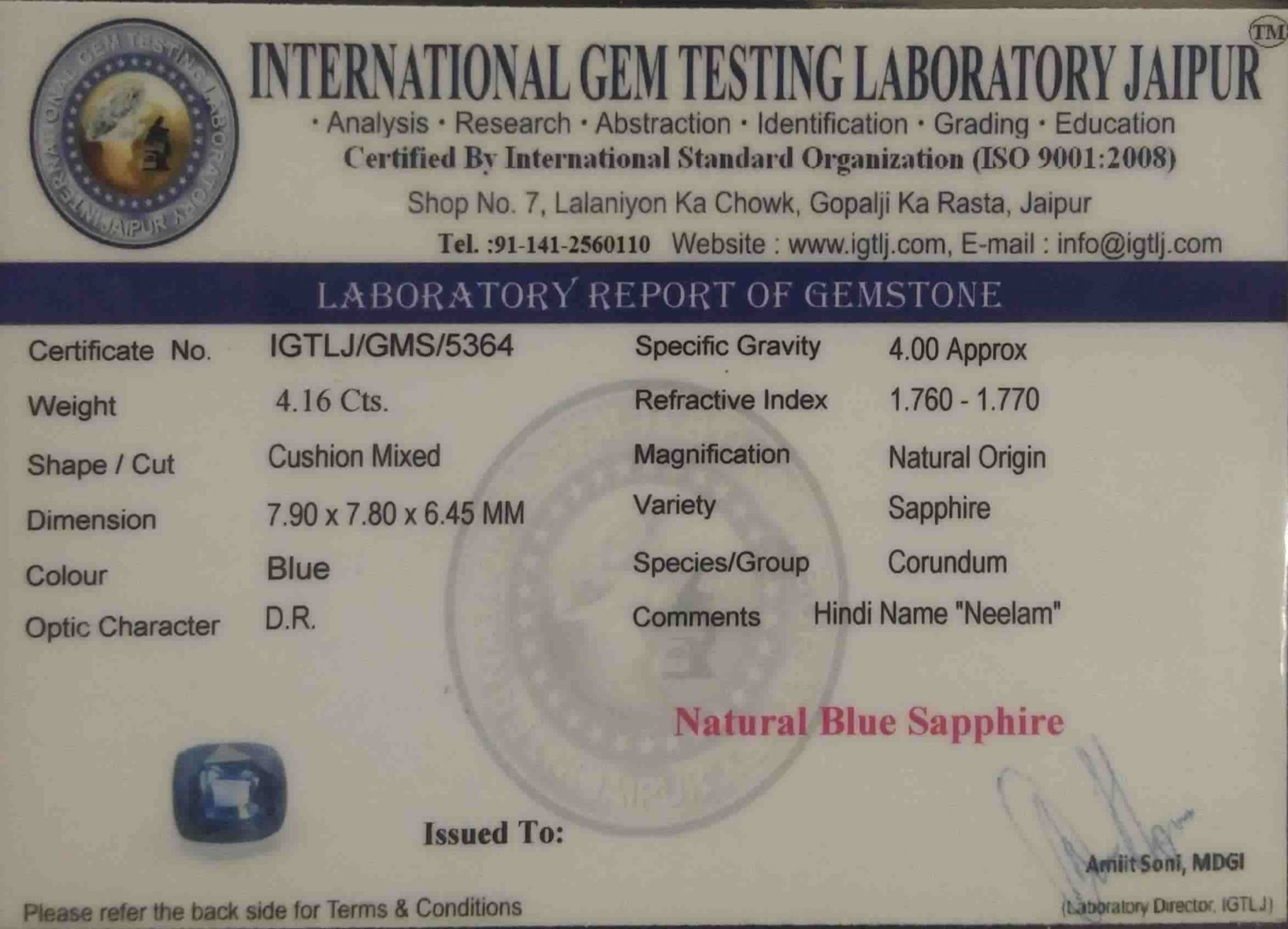 Blue Sapphire - 4.16 Carat