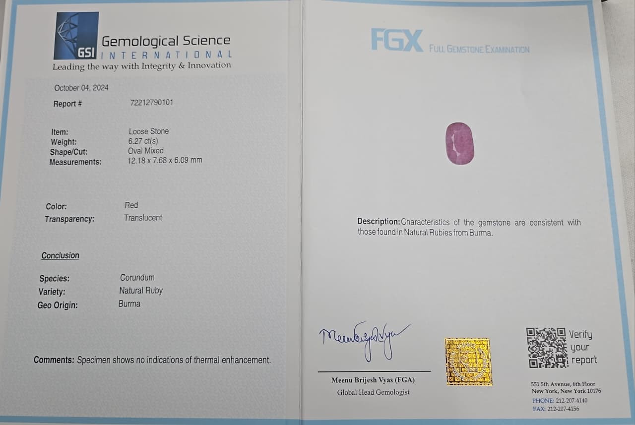 Burma Natural Ruby -  6.27 Carat