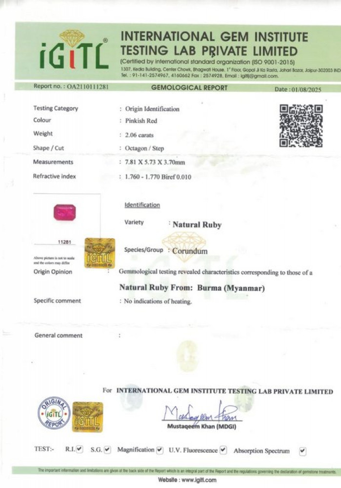 Burma Natural Ruby - 2.06 Carat