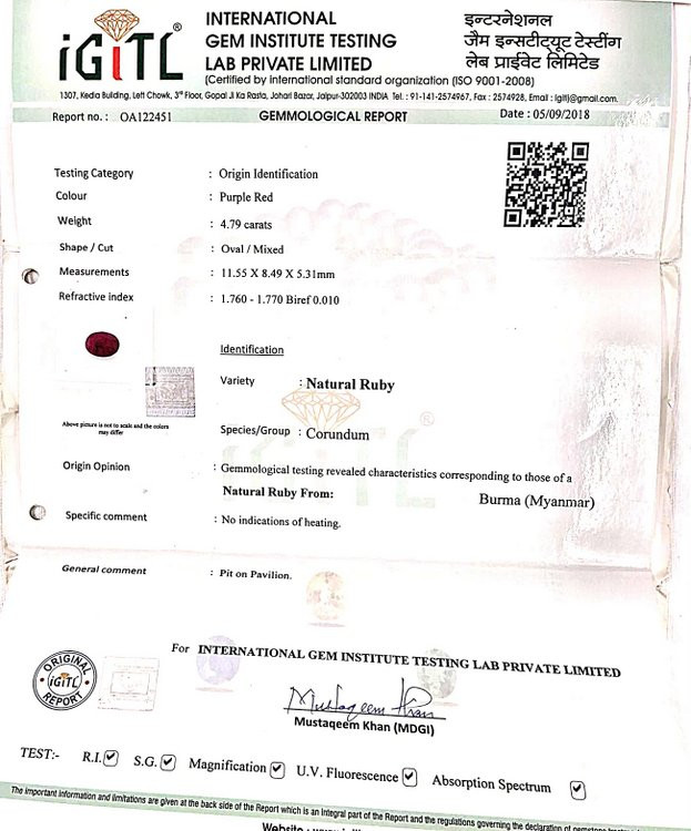 Burma Natural Ruby - 4.79 Carat