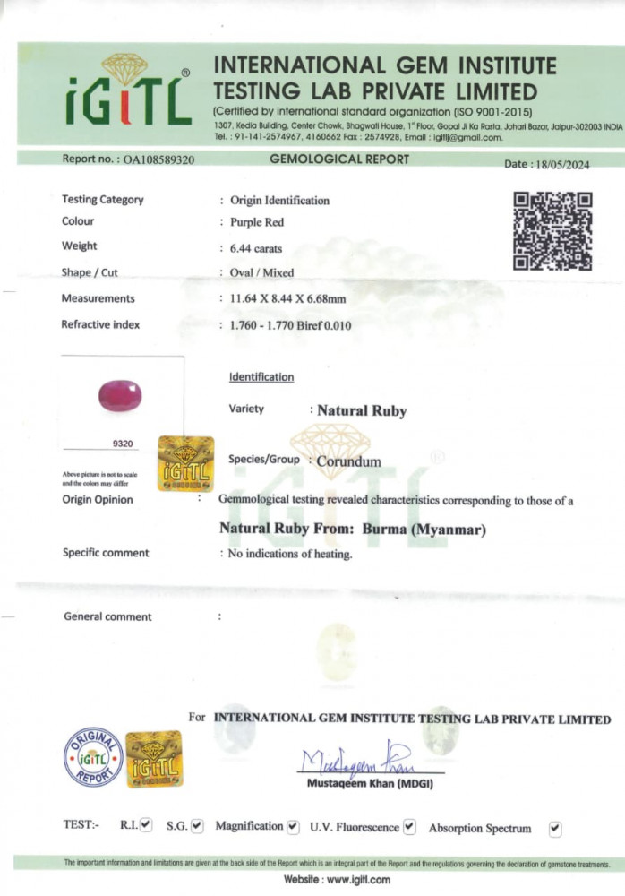 Burma Natural Ruby - 6.44 Carat