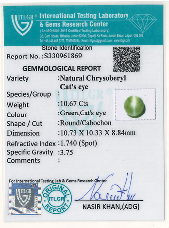 Cat's Eye Chrysoberyl - 10.67 Carat
