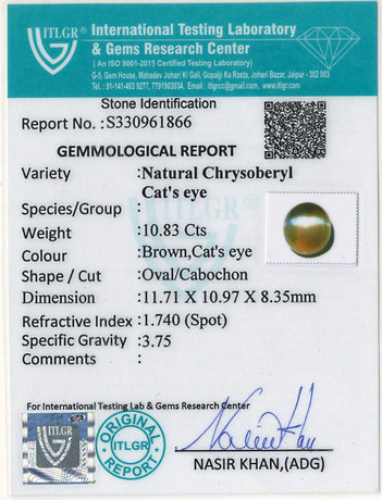 Cat's Eye Chrysoberyl - 10.83 Carat