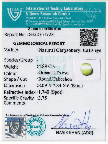 Cat's Eye Chrysoberyl - 4.89 Carat