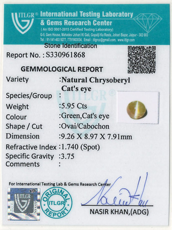 Cat's Eye Chrysoberyl - 5.95 Carat