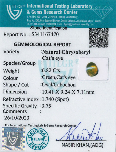 Cat's Eye Chrysoberyl - 6.82 Carat