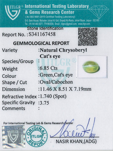 Cat's Eye Chrysoberyl - 6.85 Carat