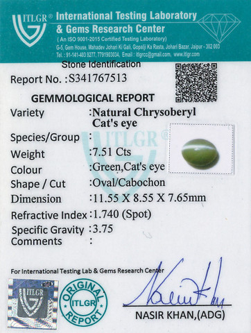Cat's Eye Chrysoberyl - 7.51 Carat