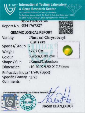 Cat's Eye Chrysoberyl - 7.67 Carat