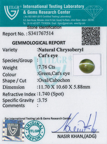 Cat's Eye Chrysoberyl - 7.76 Carat