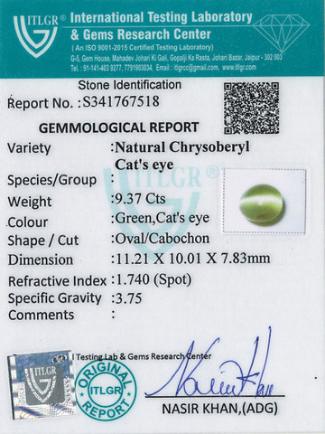 Cat's Eye Chrysoberyl - 9.37 Carat
