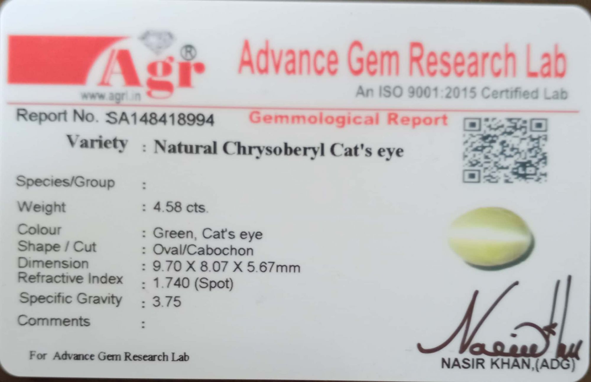 Cat's Eye Chrysoberyl - 4.58 Carat