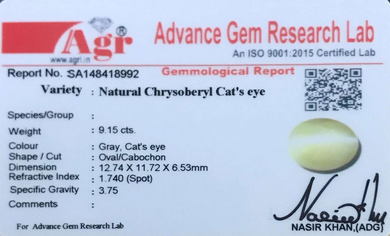 Cat's Eye Chrysoberyl - 9.15 Carat