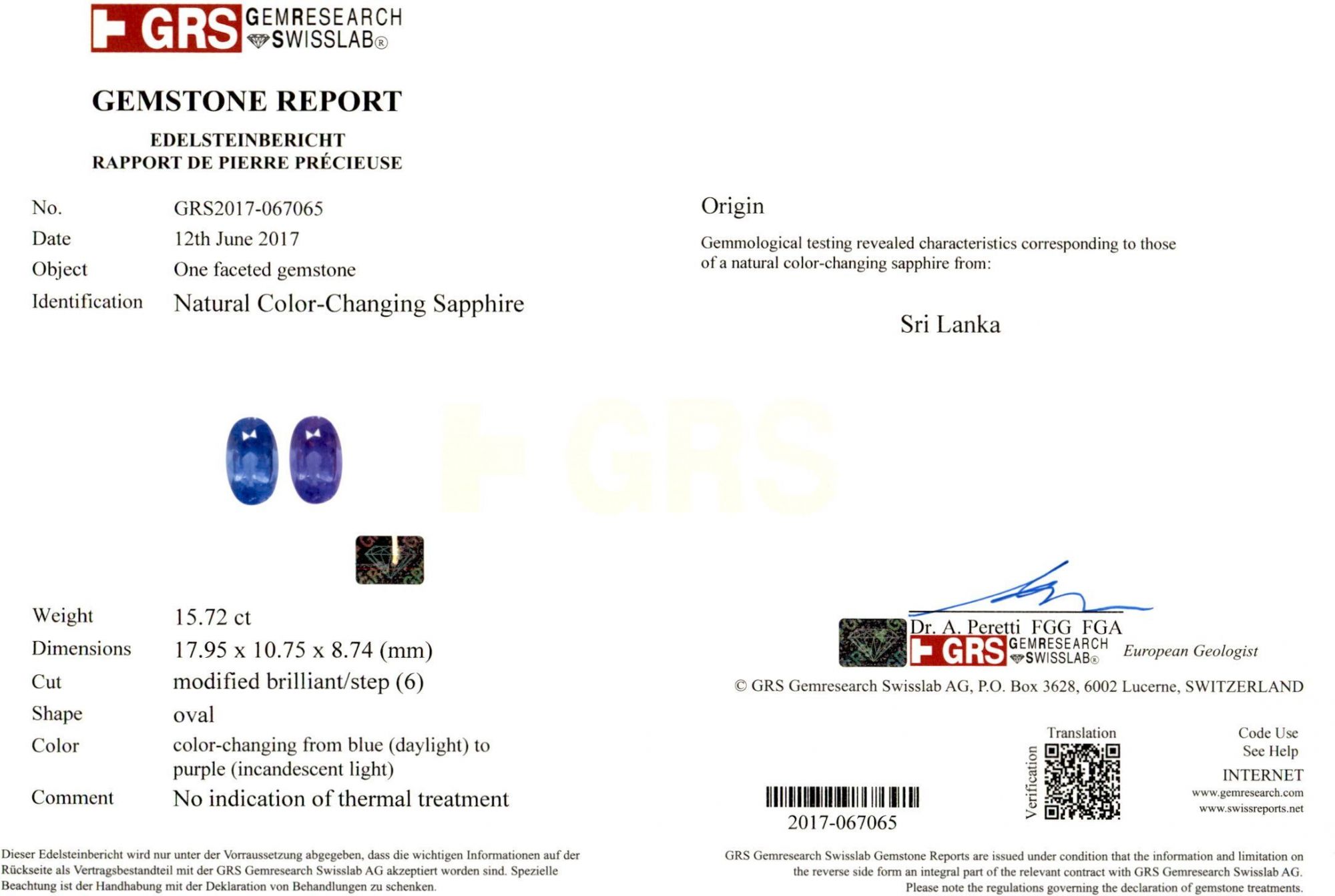 Color Change Sapphire - 15.72 Carat