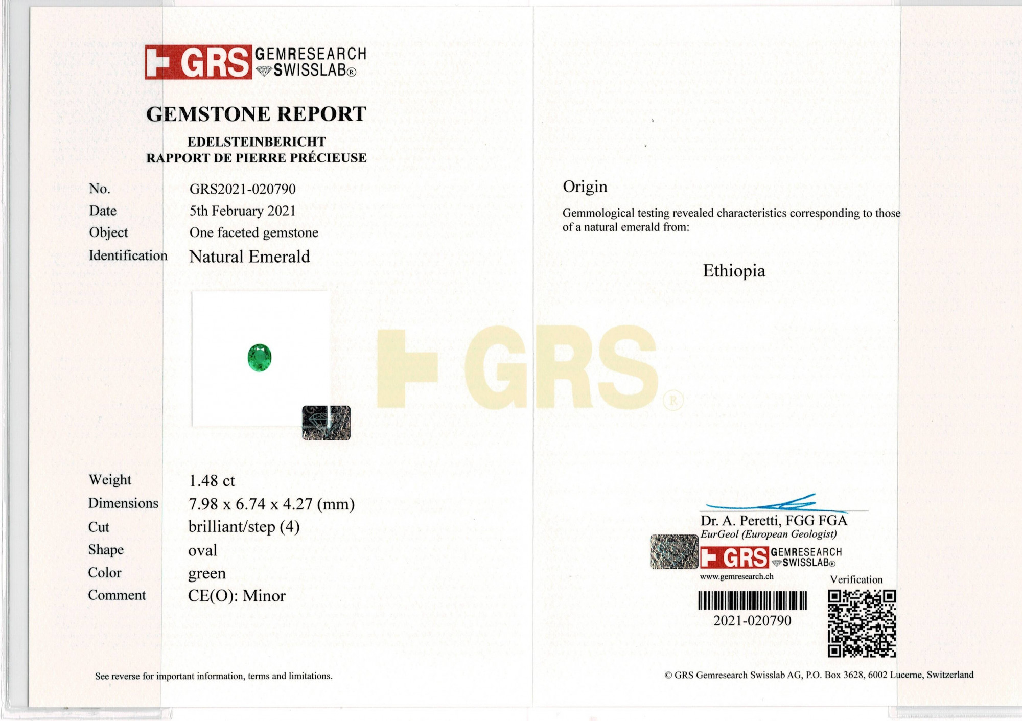 Minor Oil Emerald Ethiopia - 1.48 Carat