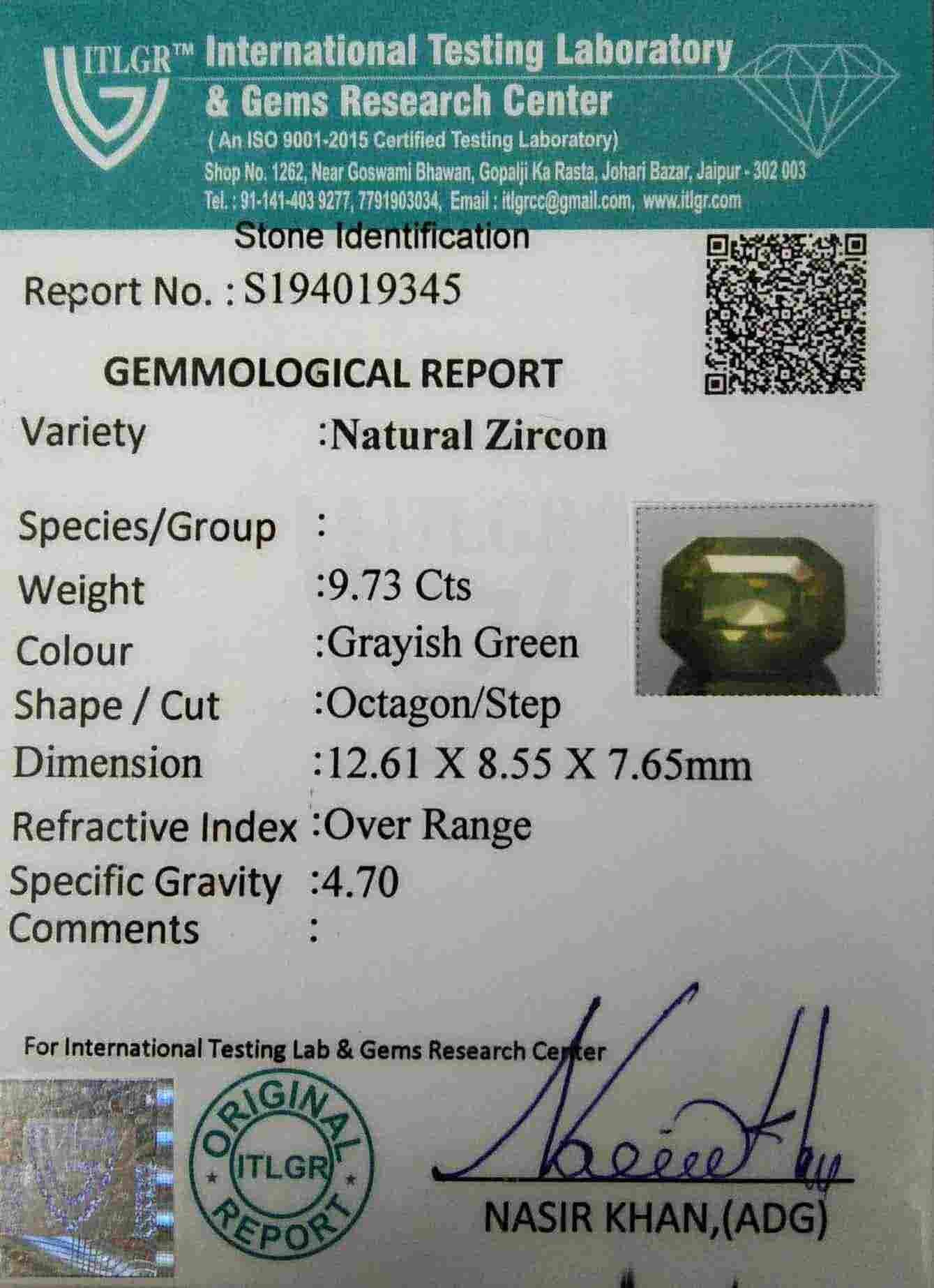 Grayish Green Zircon - 9.73 Carat