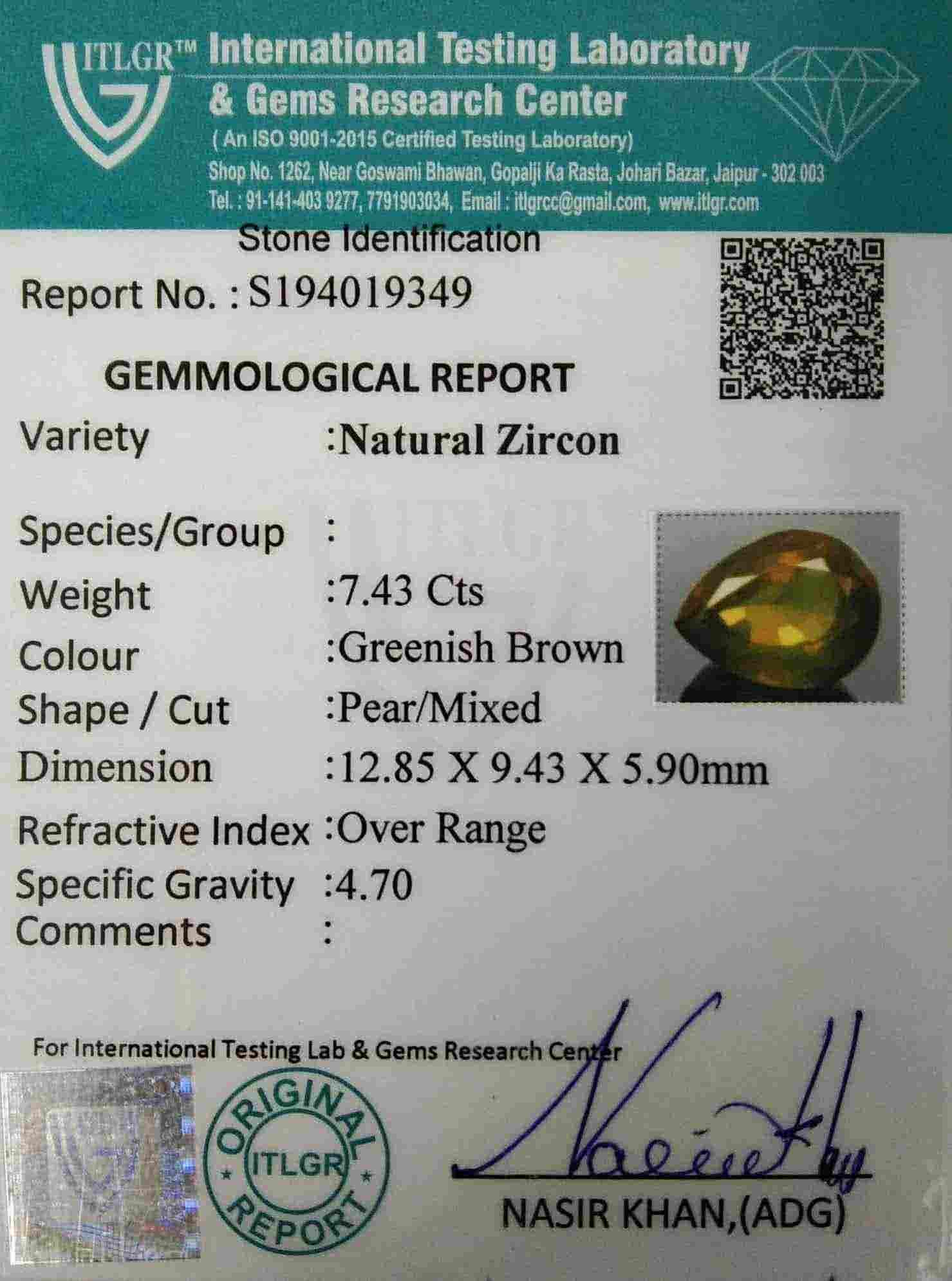 Greenish Brown Zircon - 7.43 Carat