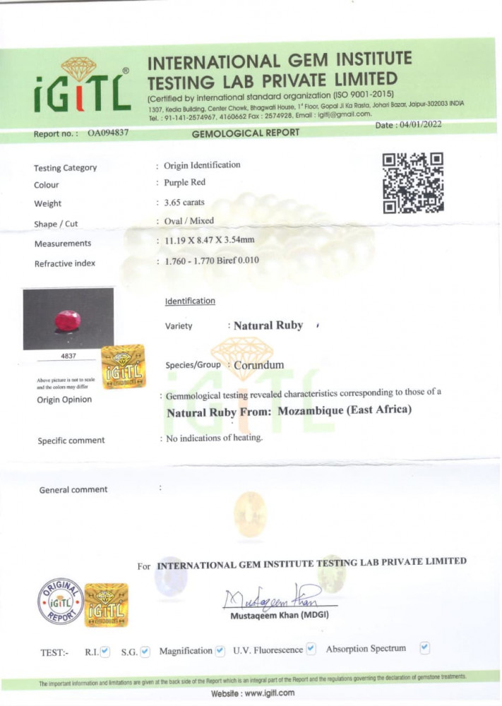 Mozambique Natural Ruby -  3.65 Carat