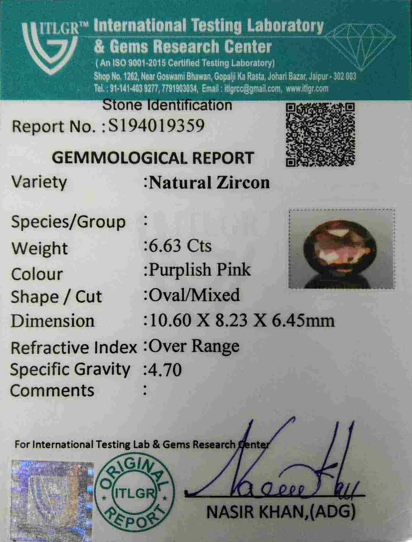 Purplish Pink Zircon - 6.63 Carat
