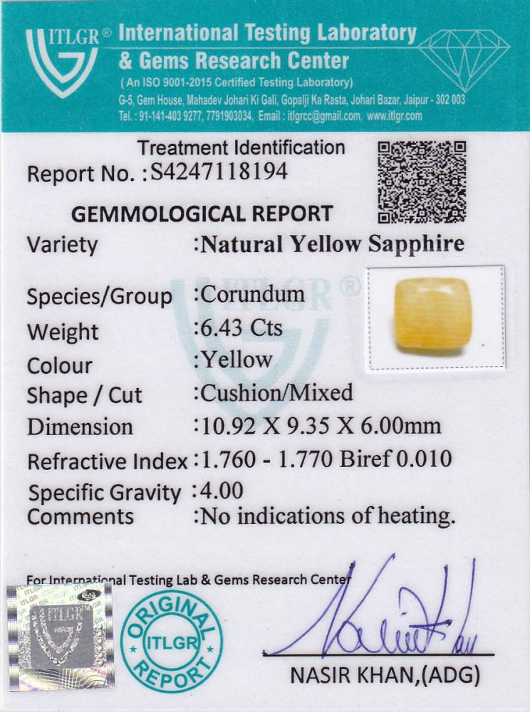 Yellow Sapphire (Pukhraj) - 6.43 Carat
