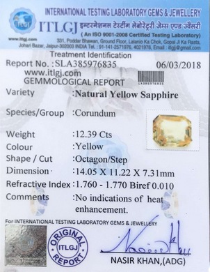 Yellow Sapphire - 12.39 Carat