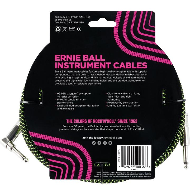 Ernie Ball 6082 Braided Instrument Cable 55m 18ft Black Green online in India at johnsmusicin at the lowest price Online price in India