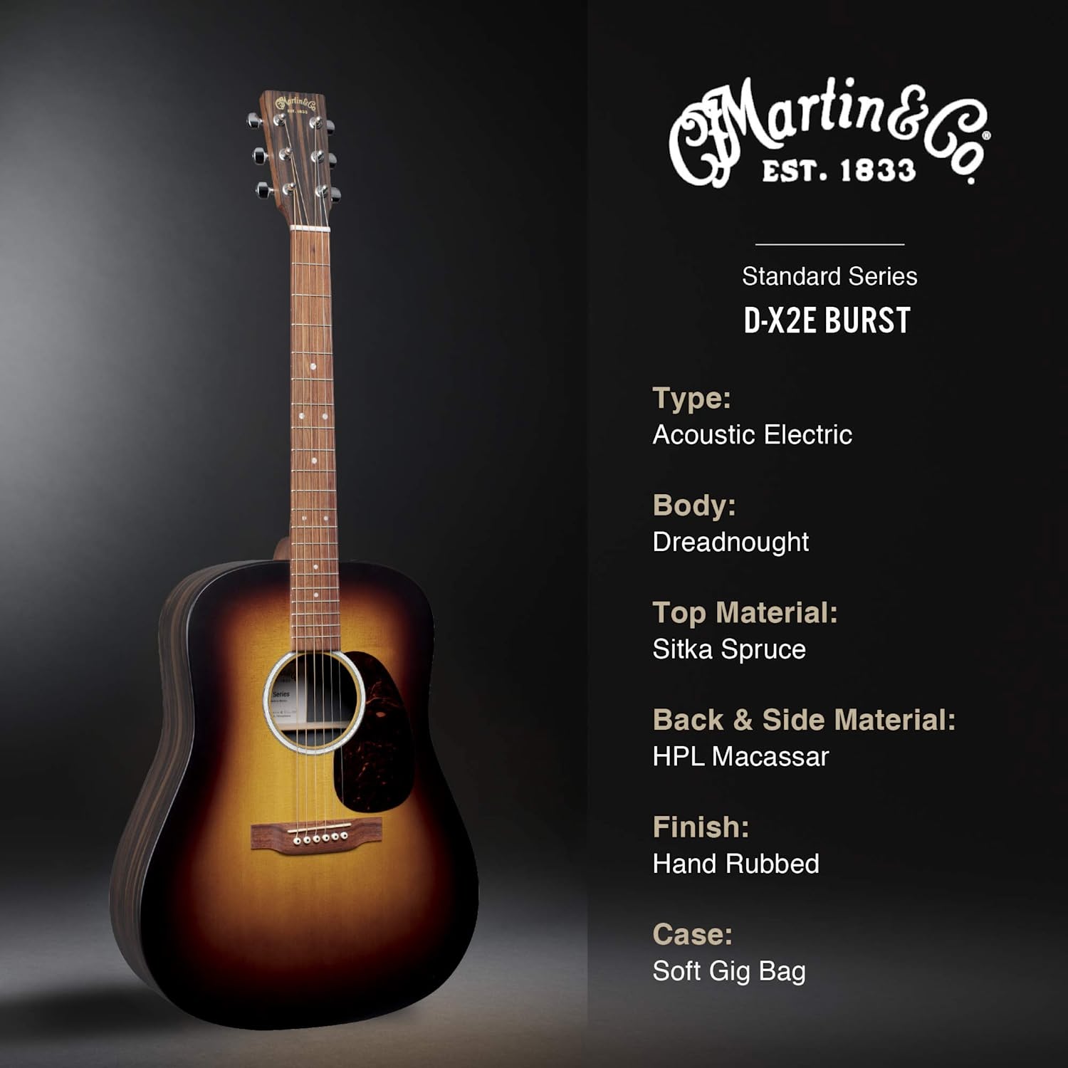 Martin X Series D-X2E Macassar Electro-Acoustic Guitar Sunburst Online price in India