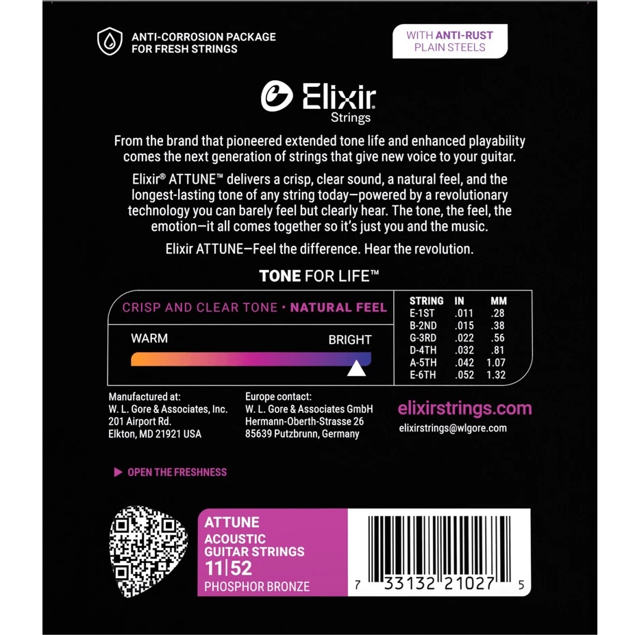 Elixir Strings 21027 Attune Phosphor Bronze Acoustic Guitar Strings 011-052 Custom Light Online price in India