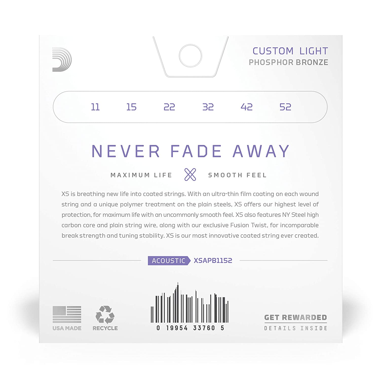 DAddario XS Acoustic Guitar coated Strings Phosphor Bronze Custom Light 11-52 XSAPB1152 Online price in India