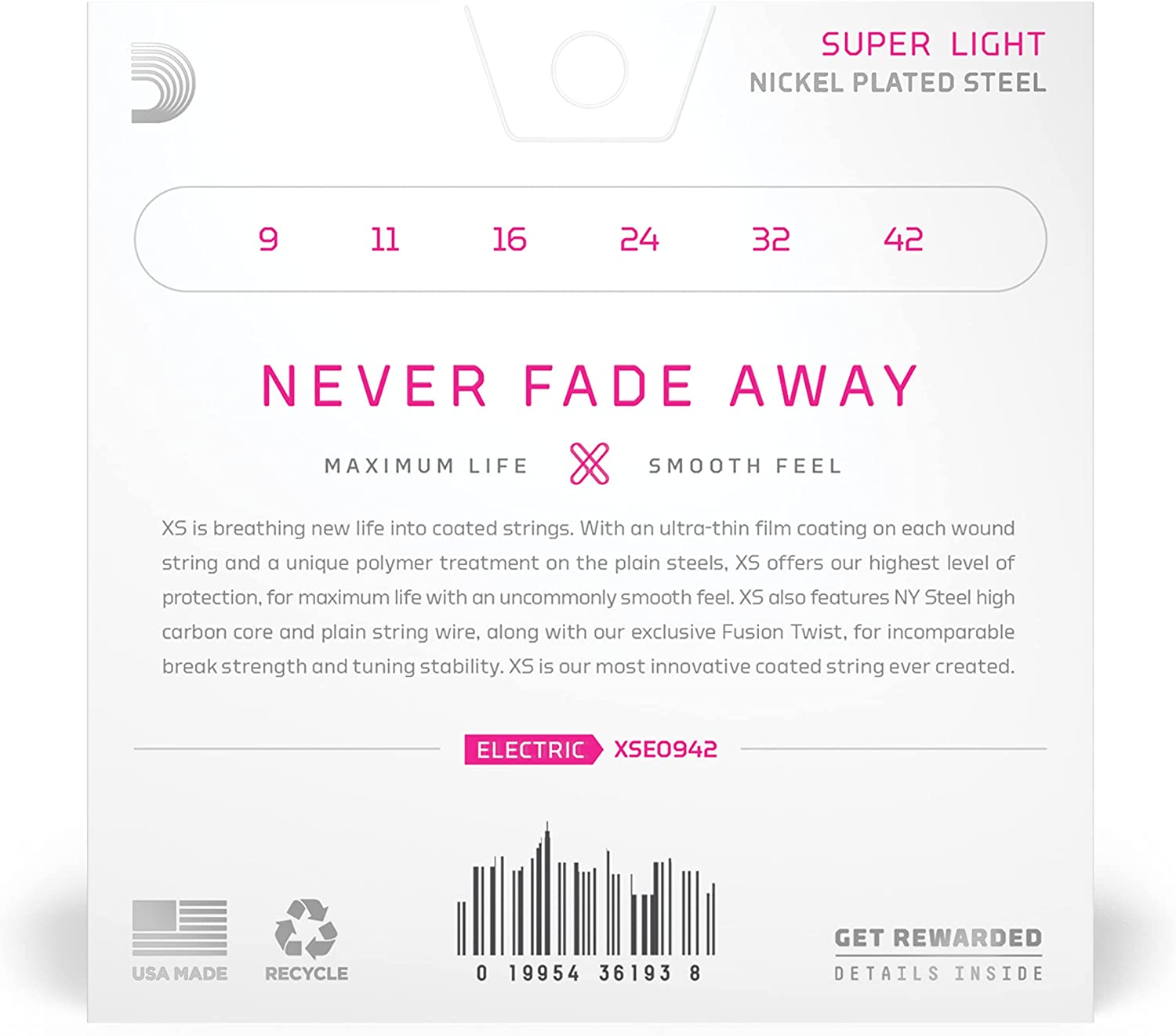 DAddario Guitar Strings - XS Nickel Coated Electric Guitar Strings - XSE0942 - Maximum Life with Smooth Feel Exceptional Tone - For 6 String Guitars - 09-42 Super Light Online price in India