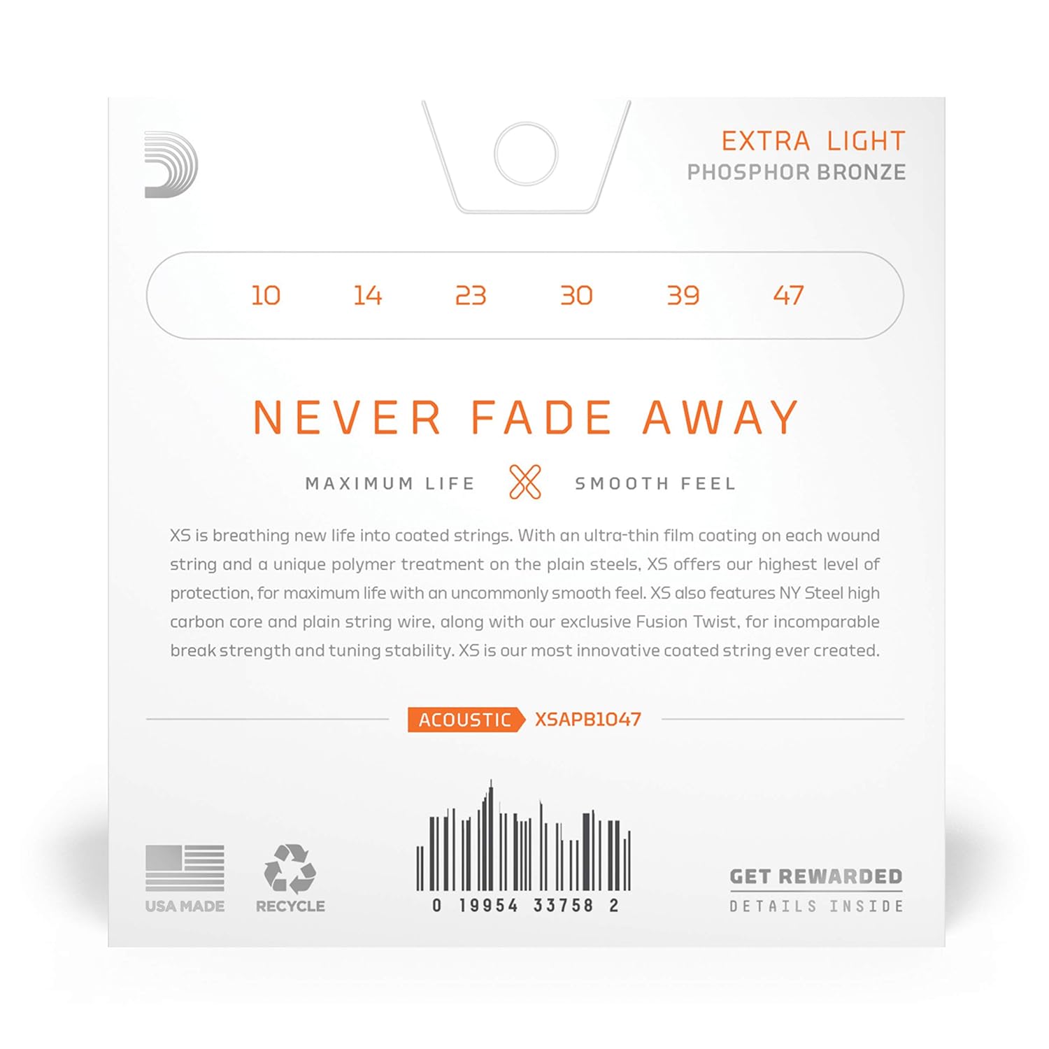 DAddario XS Acoustic Guitar Coated Strings Phosphor Bronze Extra Light 10-47 XSAPB1047