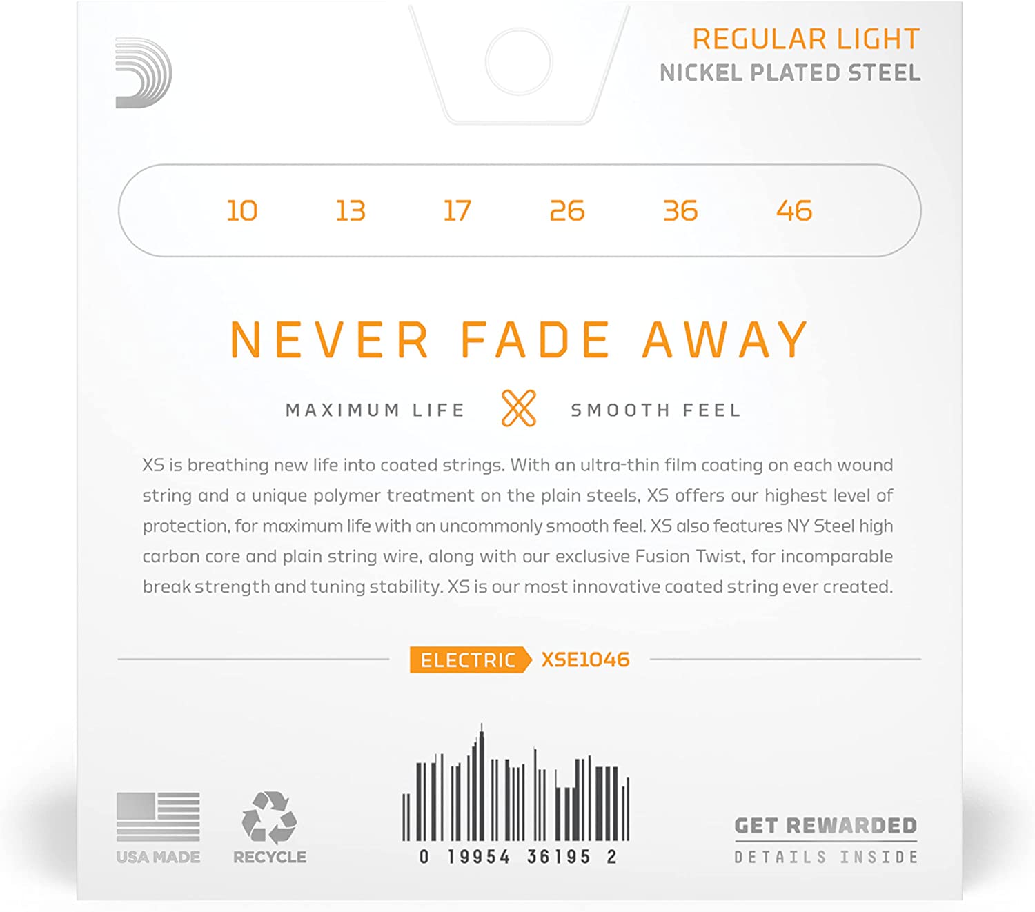 DAddario Guitar Strings - XS Nickel Coated Electric Guitar Strings - XSE1046 - For 6 String Guitars - 10-46 Regular Light Online price in India