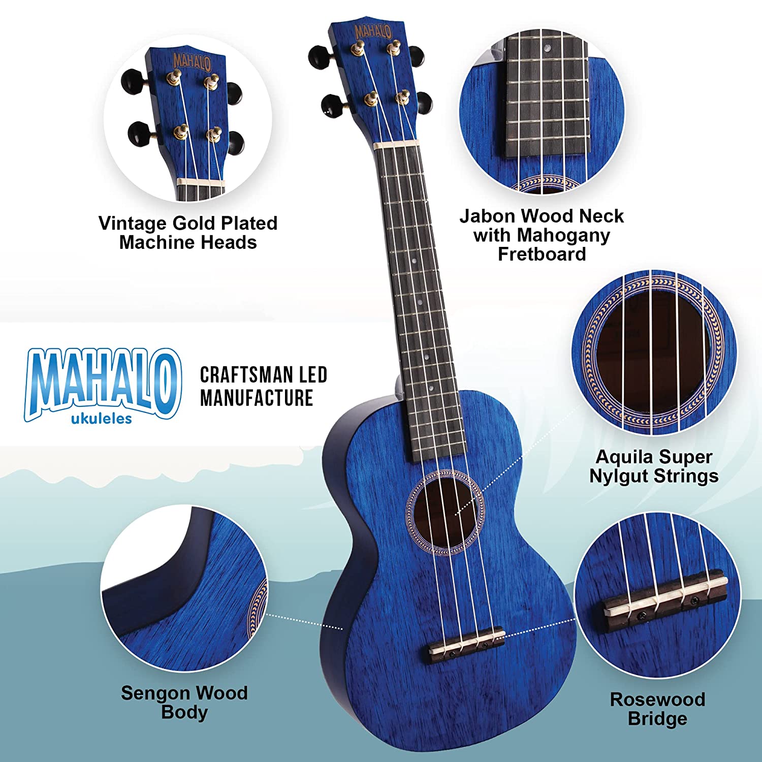 Mahalo Hano Series MH2 Concert Ukulele Transparent Blue Online price in India