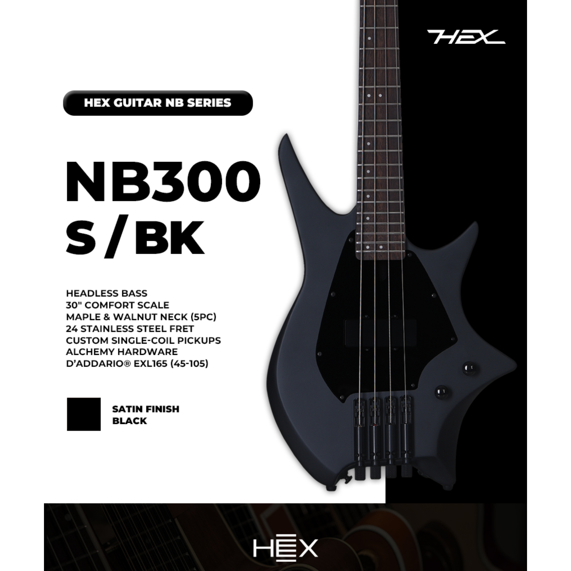 Hex NB300S BK BLACK Headless Bass Guitar