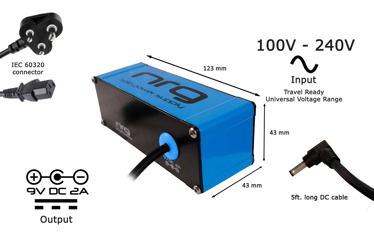 NRG Solo Power Supply  9volts 2amp Center -ve Neon Blue