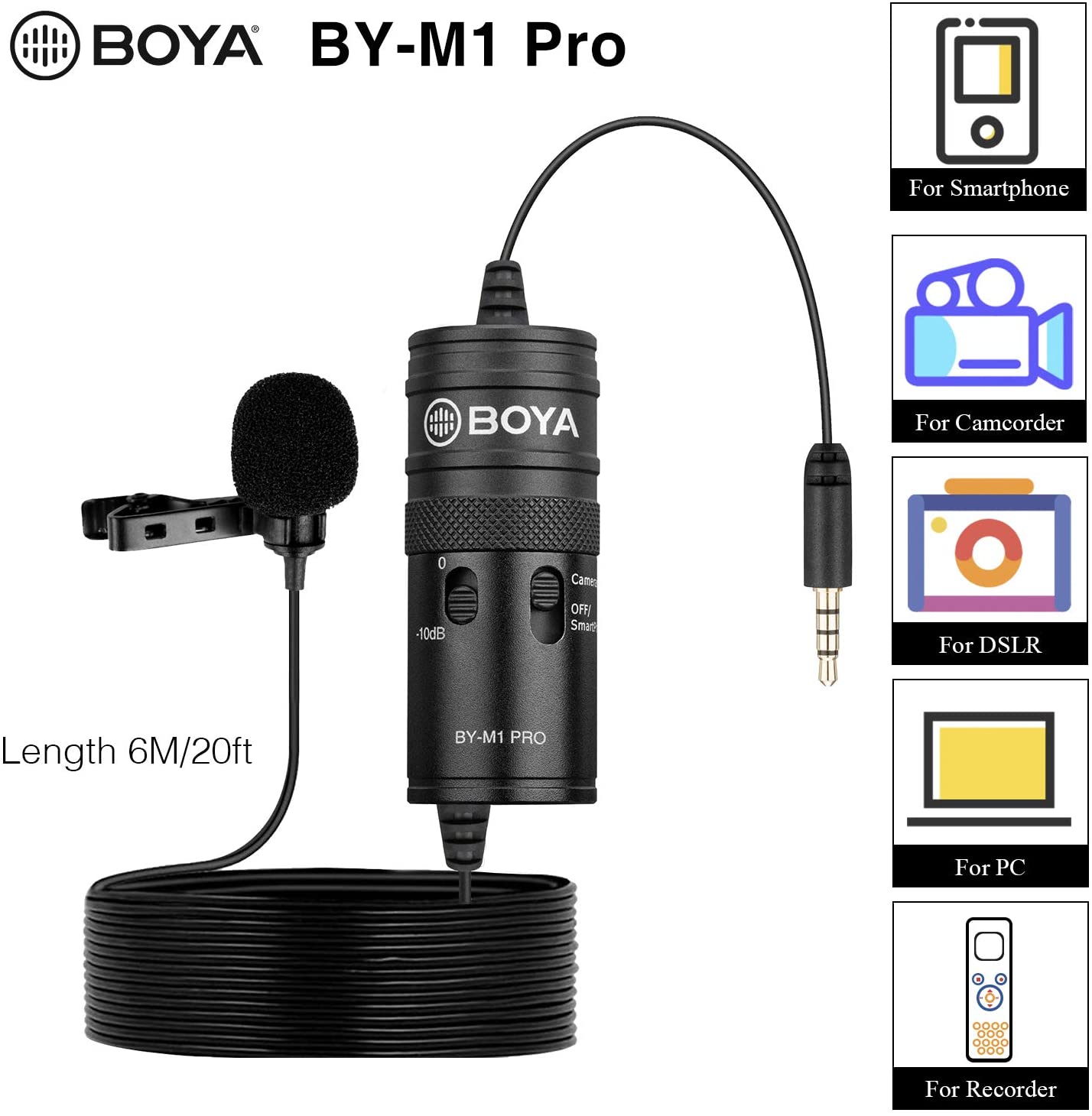 BOYA by-M1 Pro Omnidirectional Lavalier Microphone Clip-on Lapel Mic for Smartphones DSLRs Camcorders Audio Recorders PC Recording