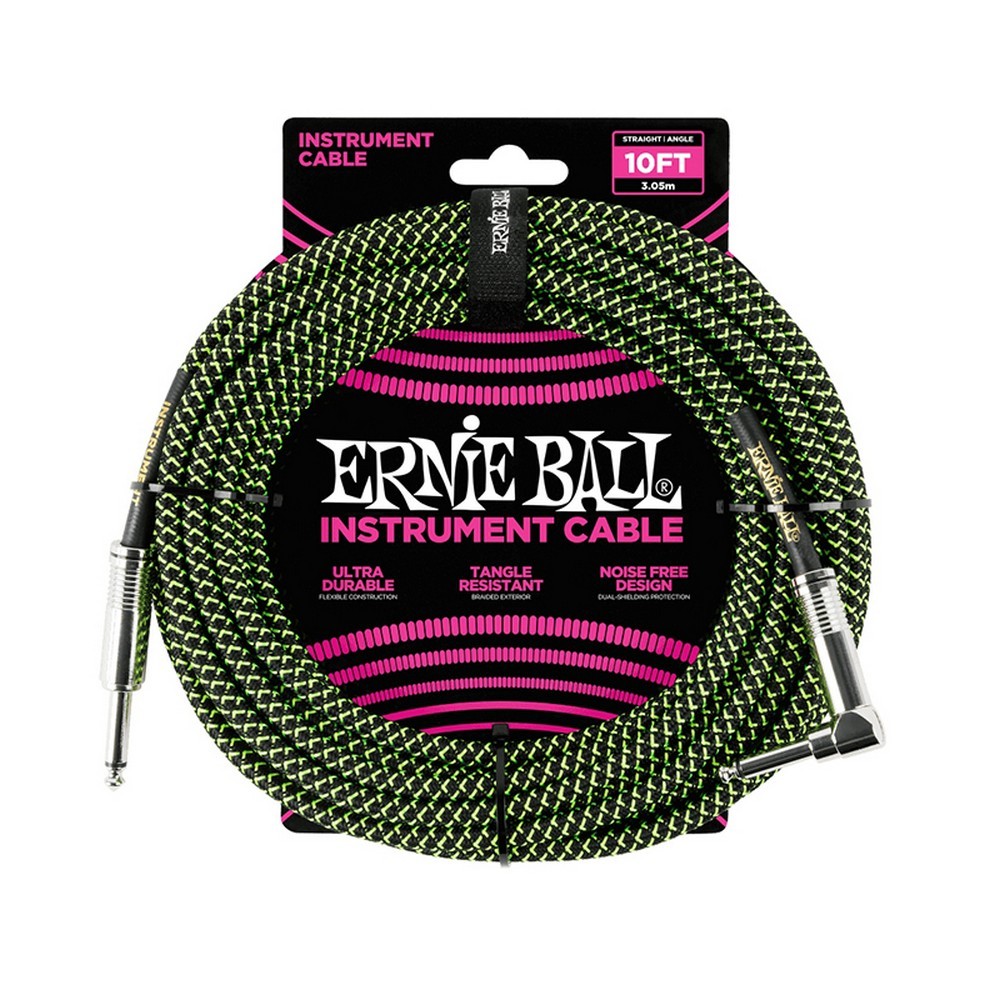 Ernie Ball 6077 10 ft Braided Straight Angle Instrument Cable Black and Green online in India at johnsmusicin at the lowest price Online price in India