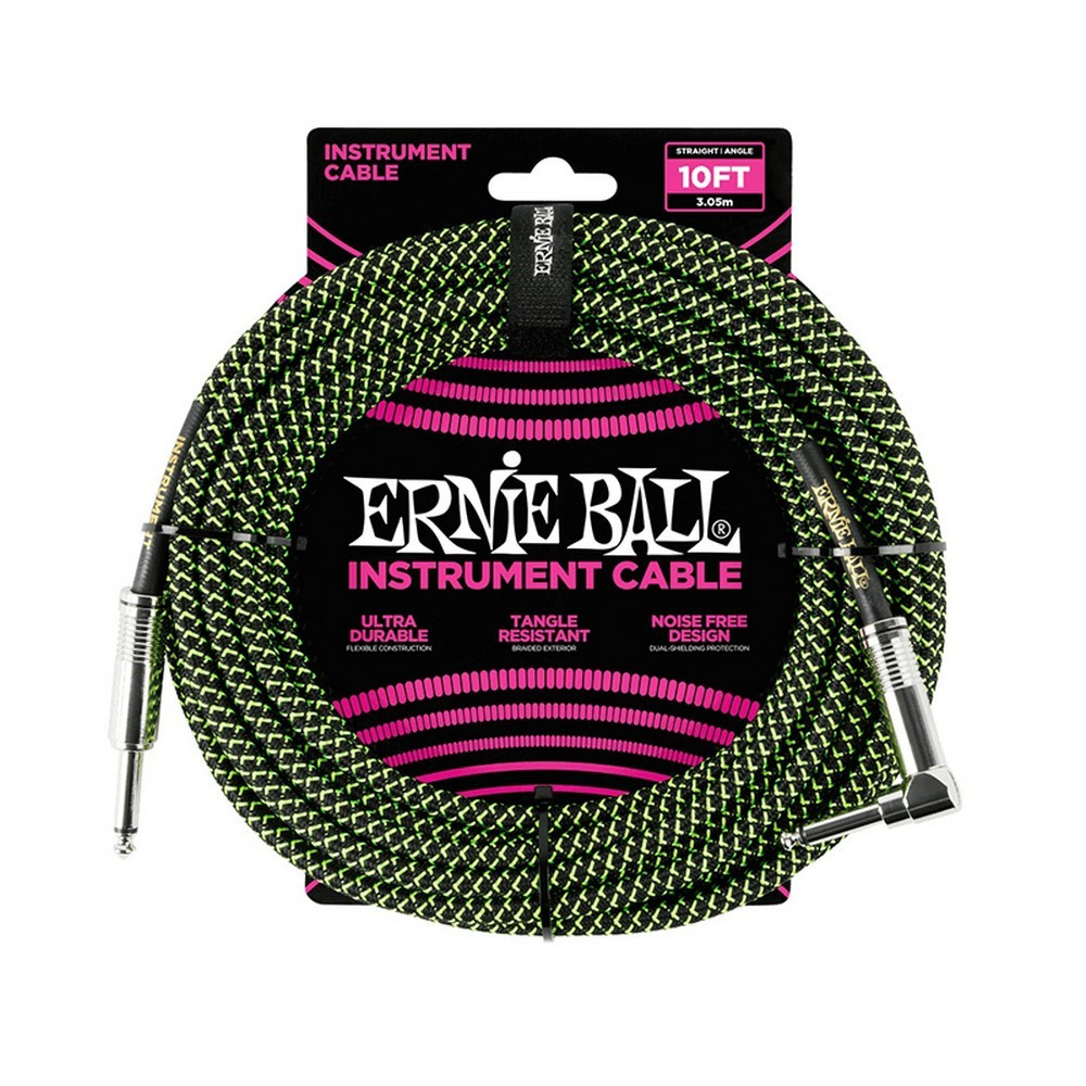 Image of Ernie Ball 6077 10 ft Braided Straight Angle Instrument Cable Black and Green