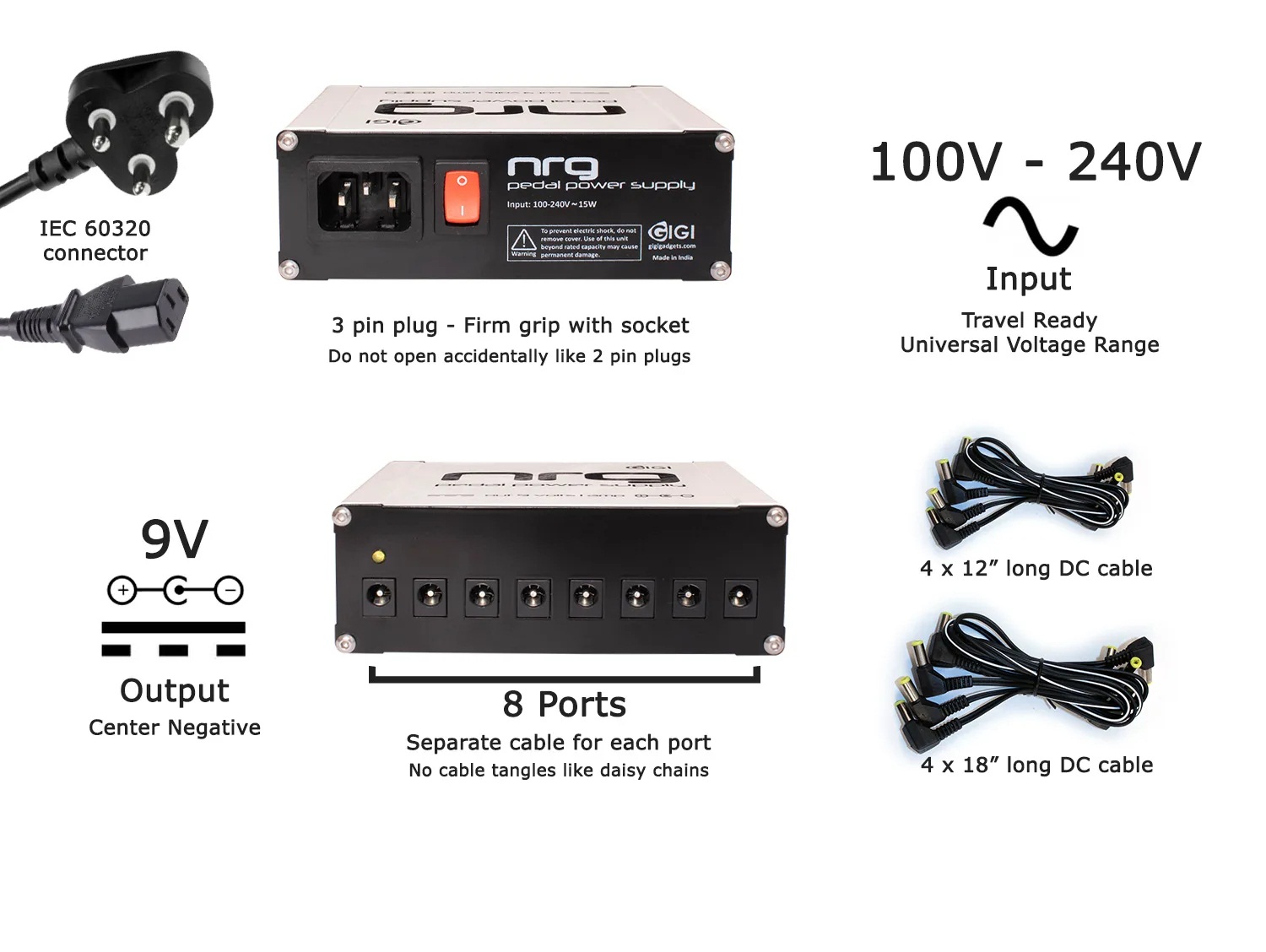 NRG Pedal Power Supply  9volts 1amp Center -ve Silver