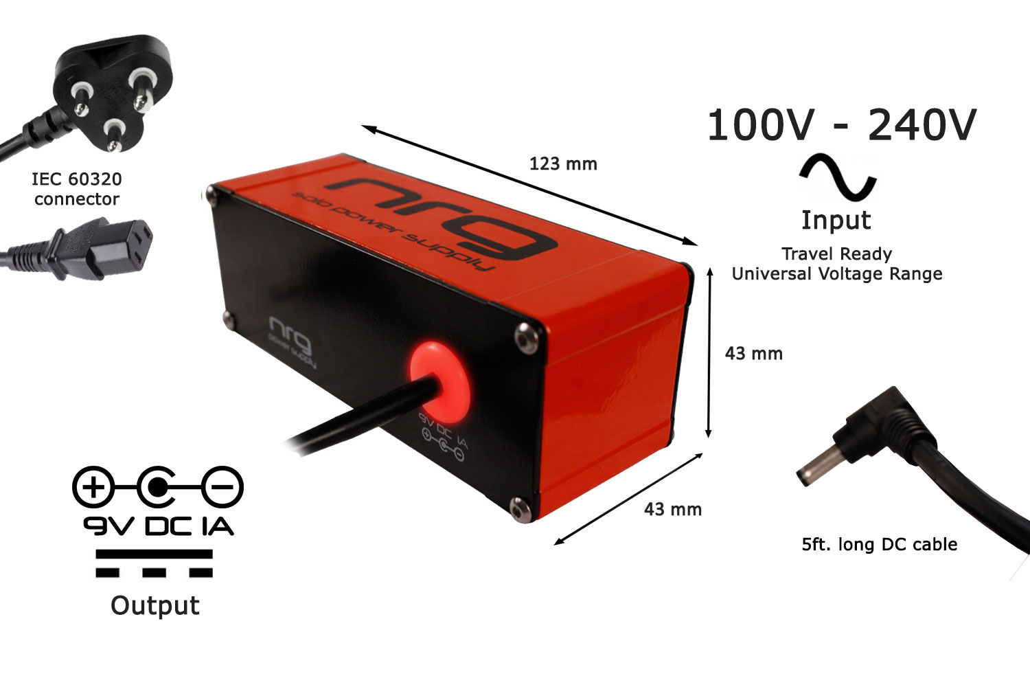 NRG Solo Power Supply  9volts 1amp Center -ve Brick Red