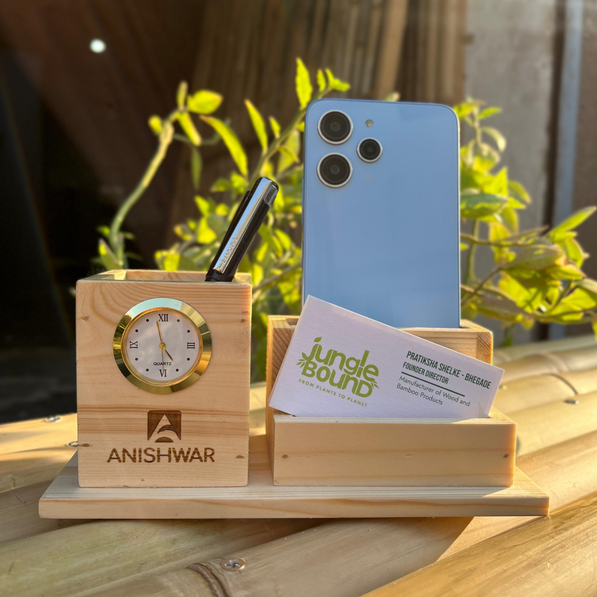 Wooden Desk Organizer with Clock