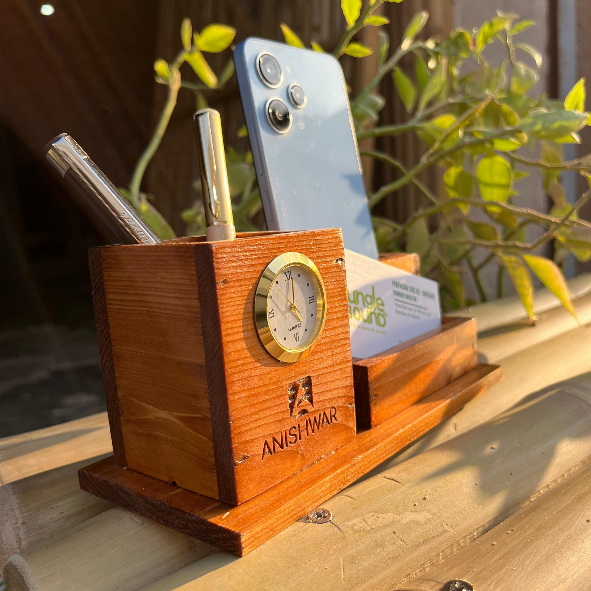 Wooden Desk Organizer with Clock